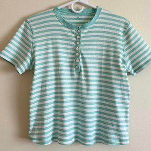 Size Large Jones NY Green/White Striped 1/4 Button Dwn Tee